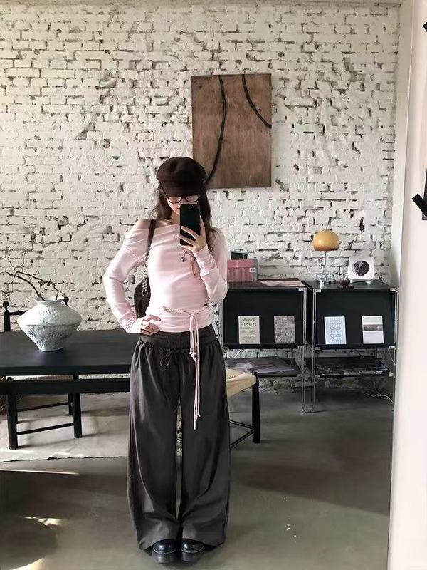 韩系辣妹斜肩设计感长袖t恤女2025秋季新款收腰修身显瘦腰绳上衣|undefined