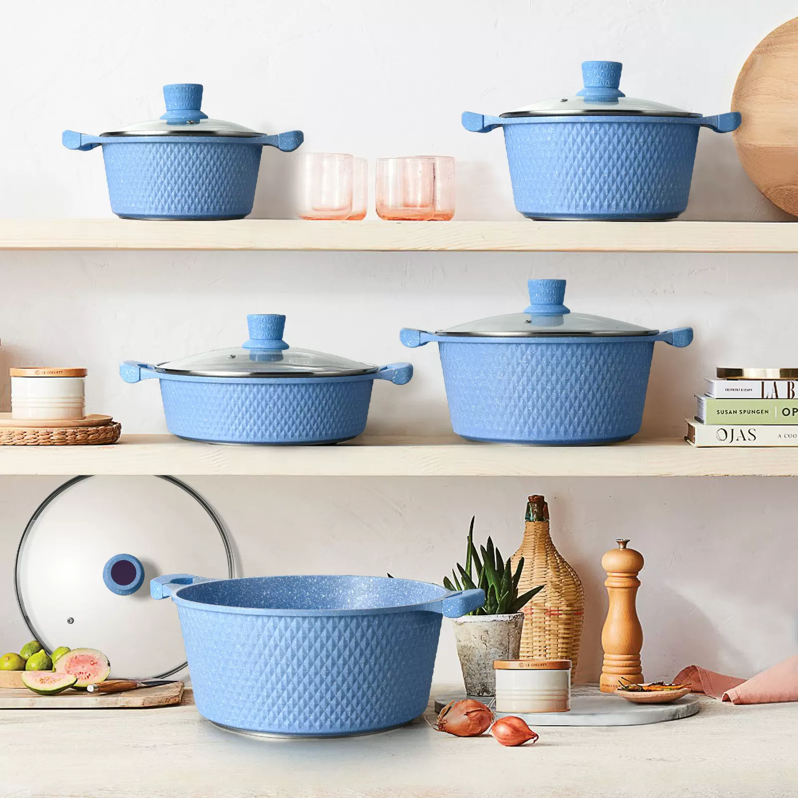 跨境麦饭石压铸汤锅套装小钻石款式大理石汤锅十件套锅具套装