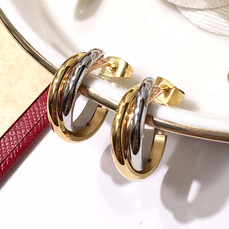 European and American High-End Design Earrings, Titanium Steel Vacuum Three-Ring Three-Color Earrings, Trendy Simple Accessories