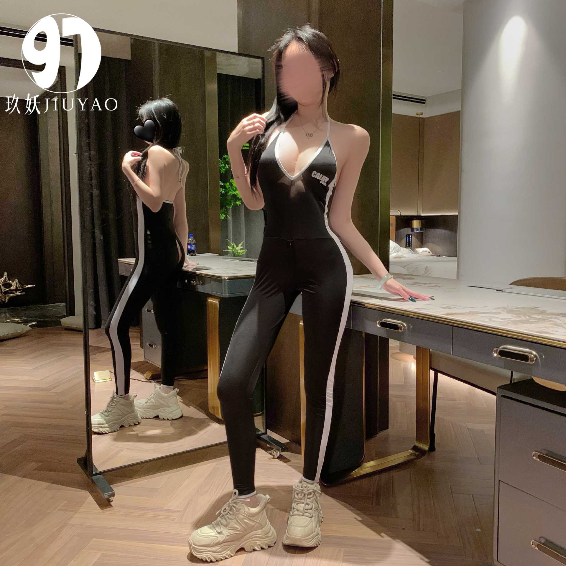 Sexy underwear zipper open crotch deep V yoga jumpsuit passion hot sexy uniform temptation pure desire jumpsuit