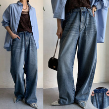 秋冬新款女厚抽绳高档牛仔直筒女牛仔裤 水洗裤子