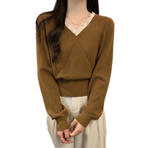 Gentle Breeze V-Neck Lace Knit Sweater for Women - Spring and Autumn Season Stylish Innerwear and Base Layer Top - Long Sleeve Woolen Sweater for Petite Women
