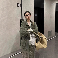 现货 韩国东大门复古军绿色工装风外套韩系女装立领宽松休闲夹克