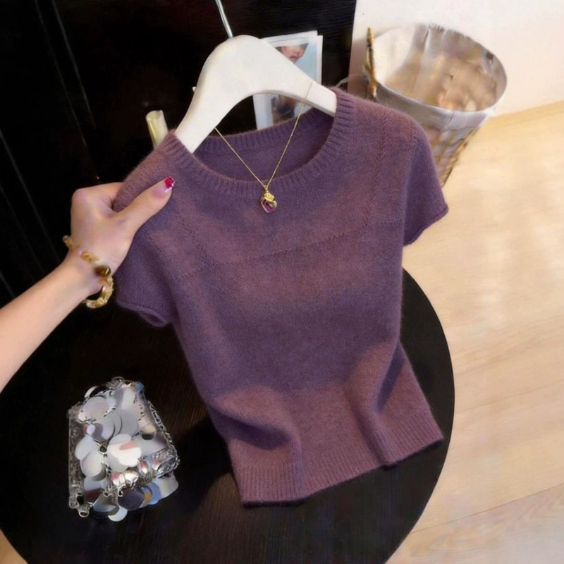 Korean Chic Super Trendy Youthful Purple Short-Sleeve Knit Top for Women, Summer Stylish Versatile T-Shirt Top
