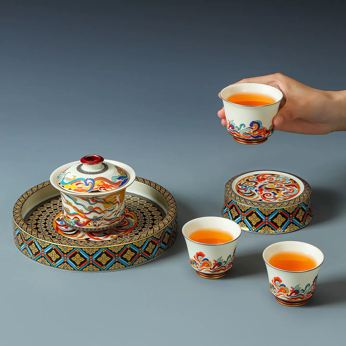 半岭窑九色鹿三才盖碗可悬停旋转家用功夫茶具公司活动开业伴手礼