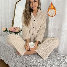 跨境秋冬季新款珊瑚绒开衫家居服女加绒加厚v领高颜值法兰绒套装