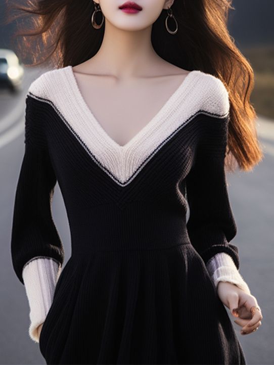 新款长袖秋季时尚法式字气质连衣裙裙范显瘦领针织女神