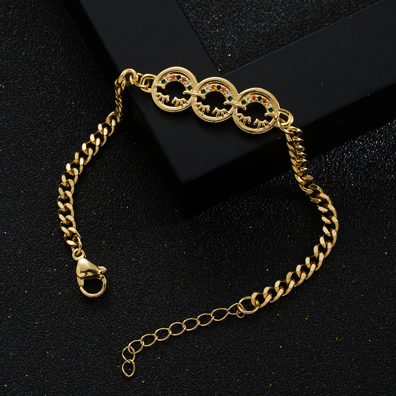 Pulsera De Cara Sonriente De Corazón De Luna Y Estrella De Circón De Oro Real Chapado En Cobre De Moda display picture 3