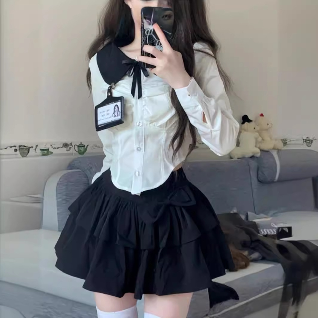 QF00383学院风制服套装女不规则娃娃领短袖衬衫黑色裙裤