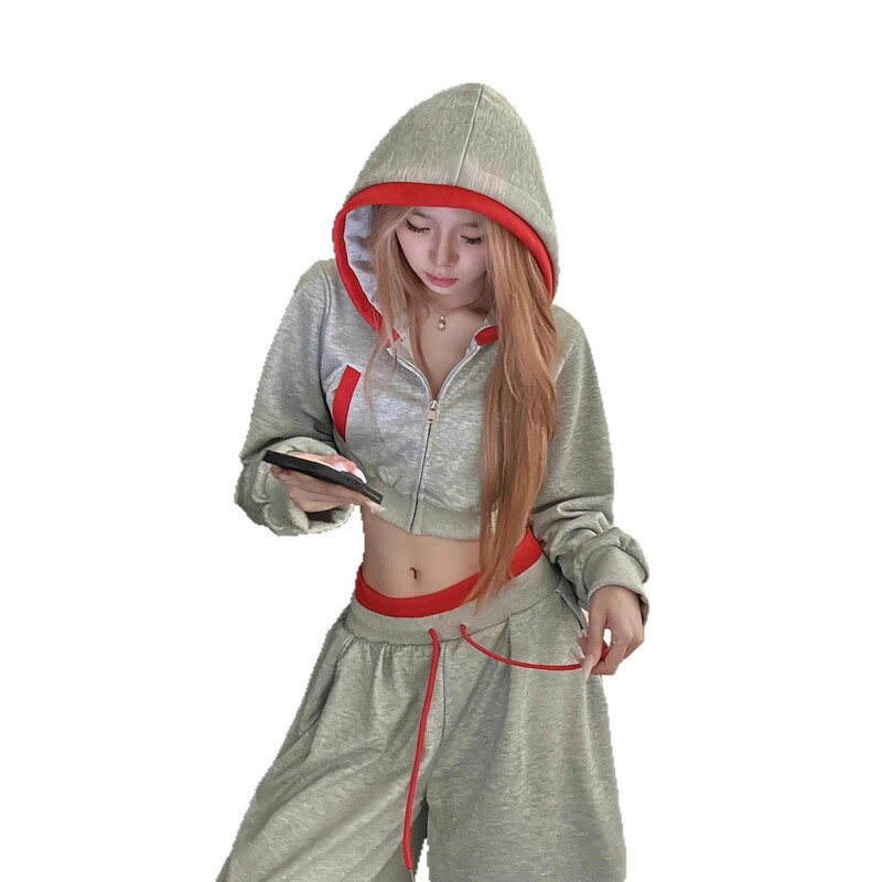 美式ins辣妹短款运动连帽卫衣套装女秋季韩版慵懒感可外穿家居服|undefined