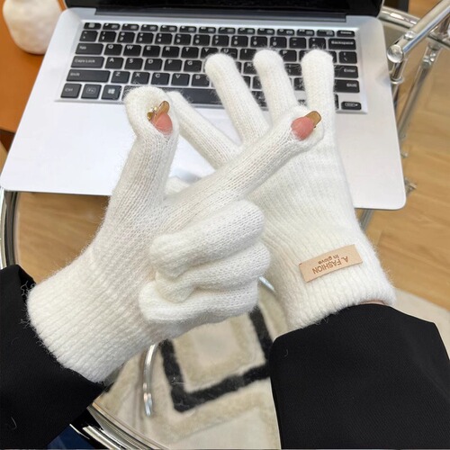 Korean knitted woolen gloves for women in winter, thickened and velvet, candy-colored, cycling touch screen, five fingers exposed