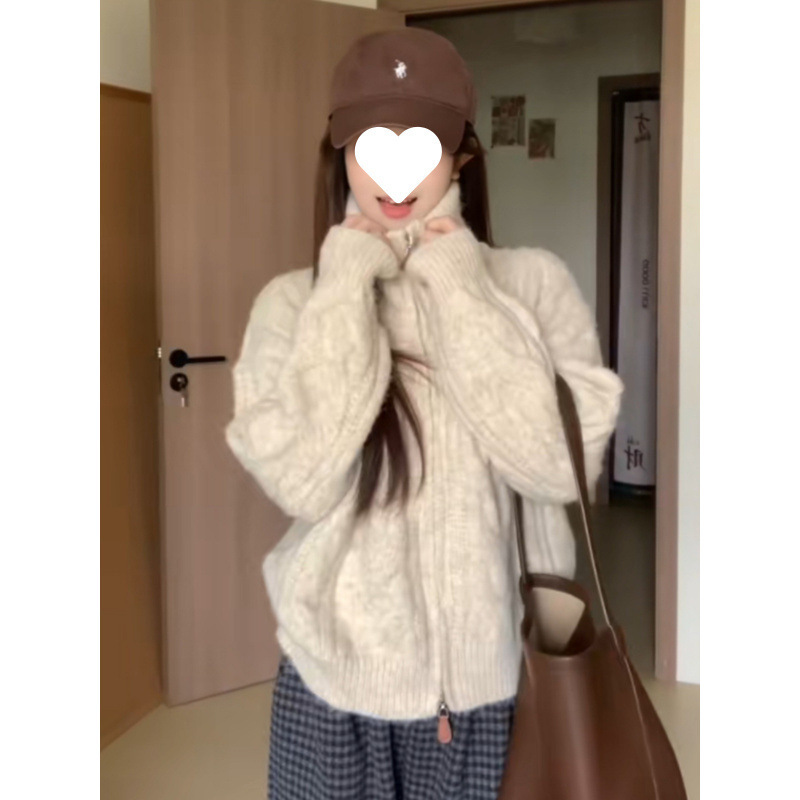 高领麻花拉链开衫毛衣女款2025新款秋冬季加厚慵懒风立领针织外套|undefined