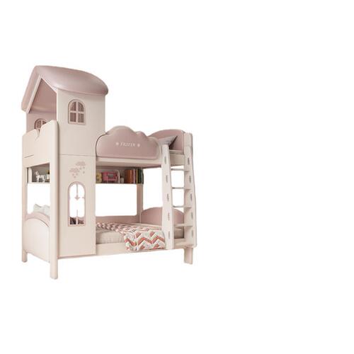 Children's bed, double-layer twin bed with same width for boys and girls, princess castle style, suitable for small households, low and high platform bed