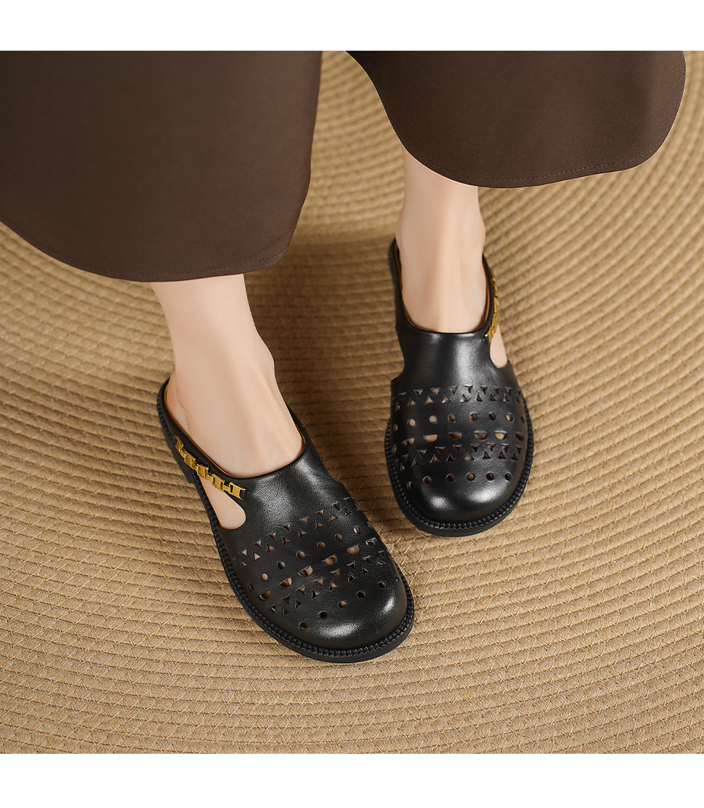 Dép sandal nữ da bò mũi trùm đế bệt kiểu lỗ thoáng khí — đen chi tiết 10