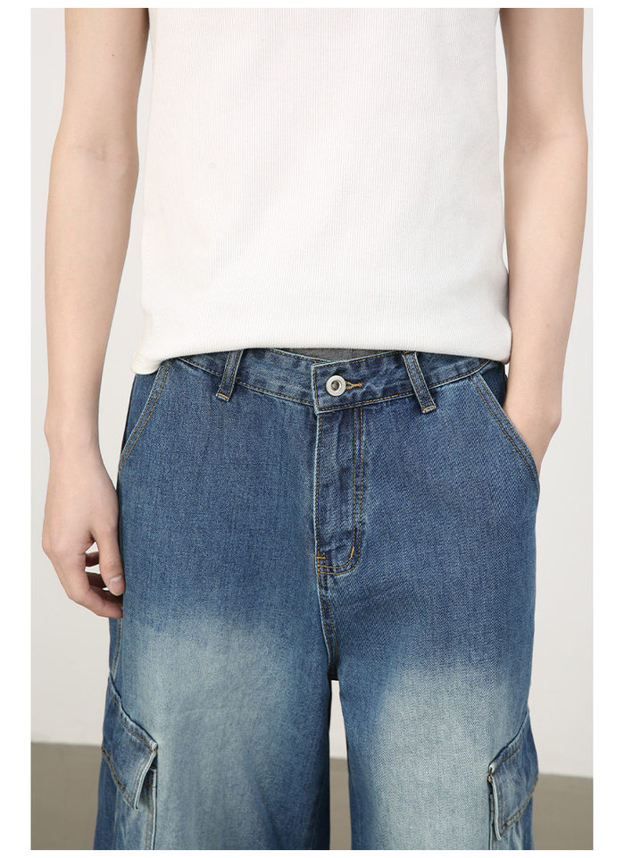 Quần short jean nam ống rộng nhiều túi phong cách hip-hop đường phố, quần lửng mùa hè — Màu xanh lam, Xanh lam làm cũ, Xanh lam nhạt chi tiết 10
