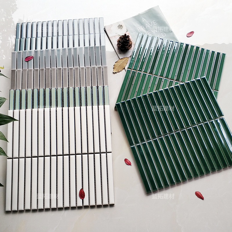 Dark Green Slender Mosaic Tiles for Dining and Hotel Background Walls, Bathroom Arc Columns, Strip-Shaped Chopstick Tiles Dark Green Slender Mosaic Tiles for Dining and Hotel Background Walls, Bathroom Arc Columns, Strip-Shaped Chopstick Tiles