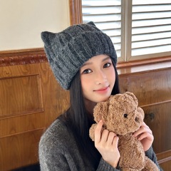 可爱猫耳朵毛线帽女秋冬百搭保暖大头围护耳羊毛针织帽显脸小冷帽