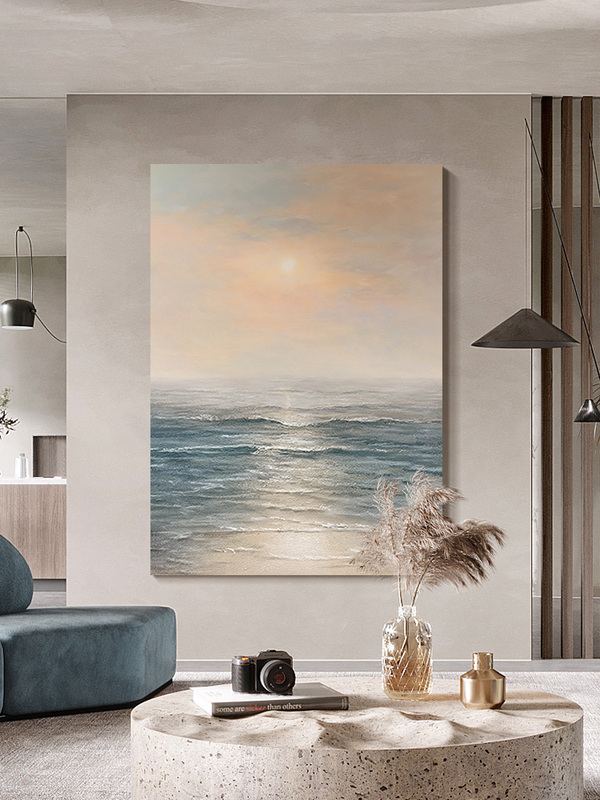 Purely Hand-Painted Oil Painting in Wabi-Sabi Style, Abstract Sea Sunrise, Entrance Hall Decorative Painting, Simple Modern Living Room Background Wall Hanging Painting