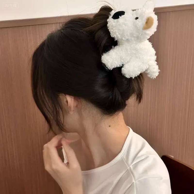 杨幂同款白色小狗鸭嘴夹女2025新款秋冬毛绒西高地侧边夹可爱发夹|undefined