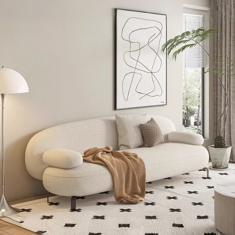 Cream-Colored Curved Lambswool Sofa for Living Room, Home Use, Light Luxury, Simple Style, Small Apartment, Trendy Straight-Line Fabric Sofa