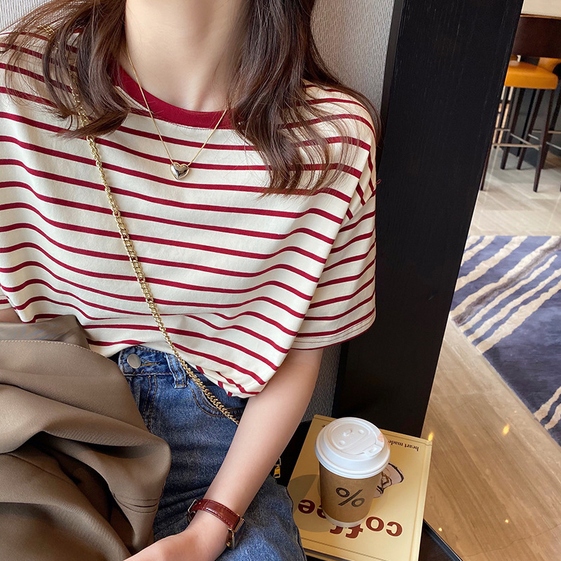 Summer Striped Short-Sleeved Women's T-Shirt 2026 New Pure Cotton Loose Top Niche Unique Chic Regular Shoulder Half-Sleeve Summer Striped Short-Sleeved Women's T-Shirt 2026 New Pure Cotton Loose Top Niche Unique Chic Regular Shoulder Half-Sleeve