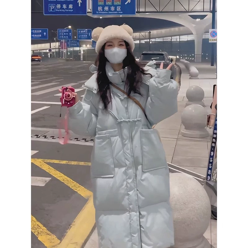 24 зимние новые роговые пряжки толстые хлопковые куртки с капюшоном женские корейские свободные хлебные платья длинные хлопчатобумажные куртки черные