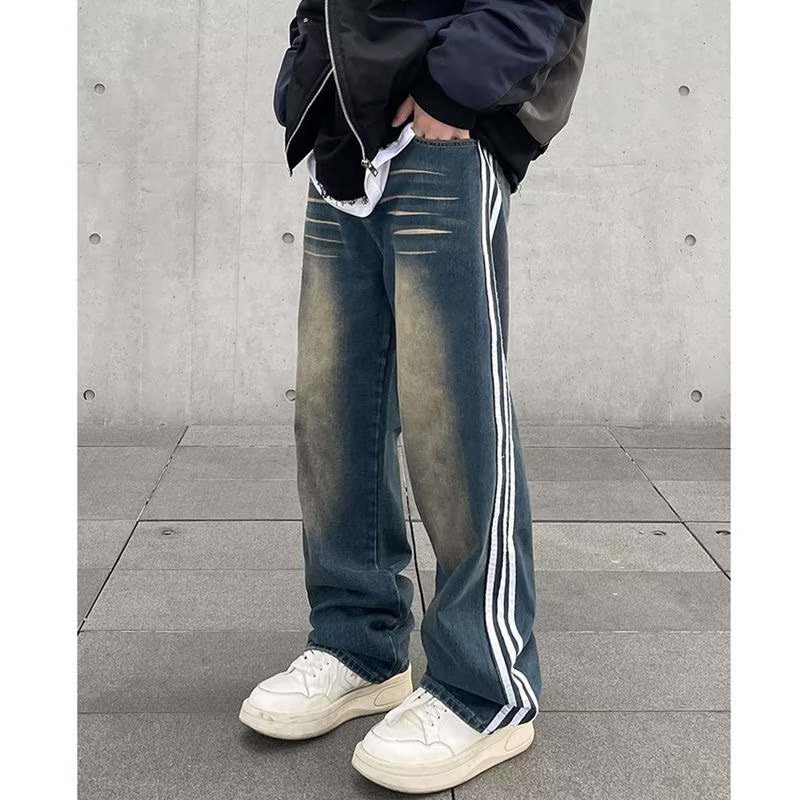 Jeans anchos de mezclilla para hombre, estilo vintage americano lavado, corte recto y suelto