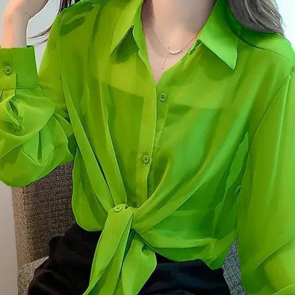 쉬폰 긴팔 반팔 레이스 업 2025 봄 새로운 올매치 느슨한 얇은 솔리드 컬러 슬림핏 선스크린 셔츠
