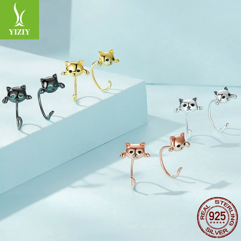 Серьги и кольцо (YIZIY) 925 стерлингов серебро с котом мотивом, окисленная/циркония/эмаль, варианты маленькие и большие
