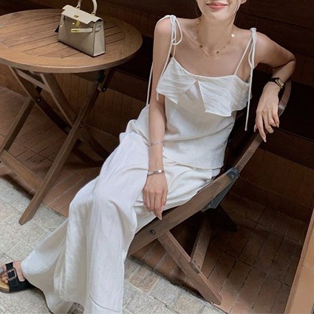 Casual Fashion For Women Summer Ruffled White Camisole Top High Waist Wide Leg Pants Two-Piece Set_ecoleips.com