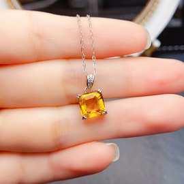 天然S925银黄水晶吊坠8*8mm轻奢高级感项链 新款网红饰品批发