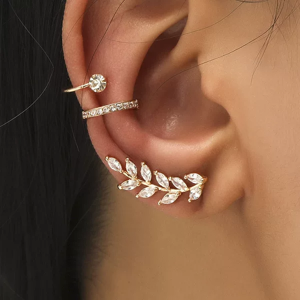 Cross-Border Rose Gold Diamond-Studded Non-Pierced Ear Cuff Combination Earrings Geometric Leaf-Shaped Ear Clips Ear Studs Ear Hanging Accessories