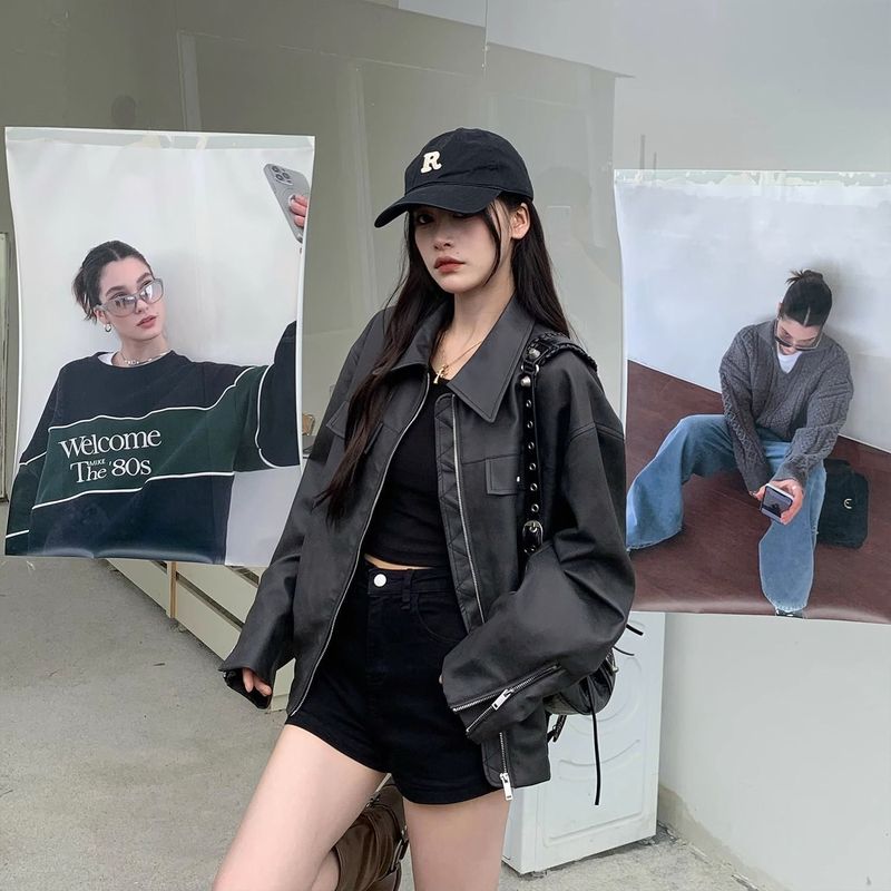 2025秋季新款美式咖色皮衣外套女气质夹克美拉德穿搭黑色机车上衣|undefined