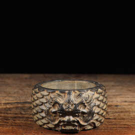 仿古天然青石雕复古怀旧龙头石钵石盆笔洗烟灰缸中式陈设装饰摆件