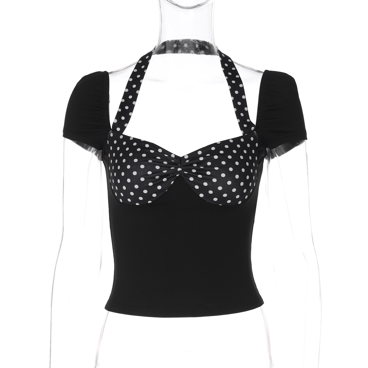 Women Clothing Spring Summer Halter Short Sleeve Backless Top Polka Dot Stitching T shirt Top