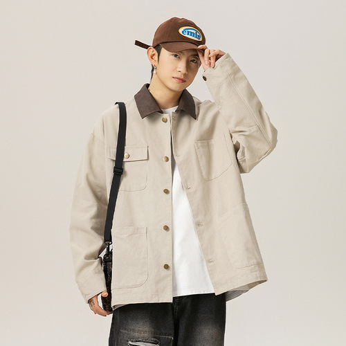 Japanese multi-pocket contrasting color collar work bottom Detroit jacket spring retro loose American casual outerwear q