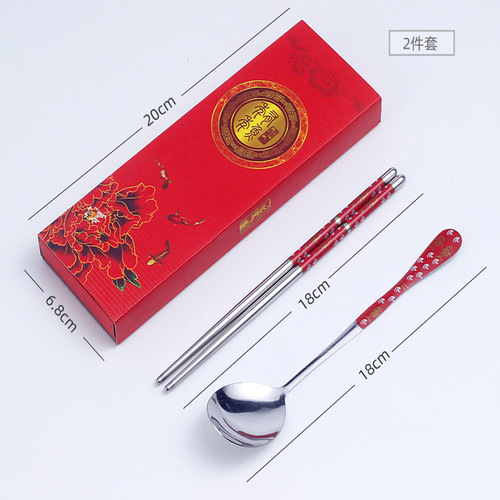 Stainless steel printed tableware set of three, including Chinese blue and white porcelain soup spoon, fruit fork, and chopsticks, gift set of tableware