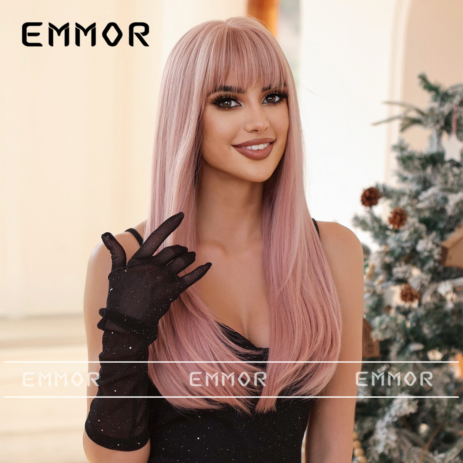 Peluca de pelo largo de las mujeres estilo europeo y americano cubierta de cabeza completa natural marrón recto flequillo pelo moda mullido cubierta de pelo superior completa