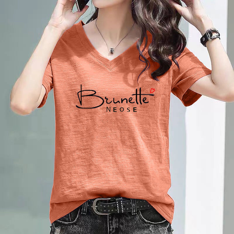Hot Selling Bamboo Cotton V Neck Women's Short-Sleeved T-Shirt 2025 Spring and Summer New Half-Sleeved Korean Style Loose T-Shirt Ins