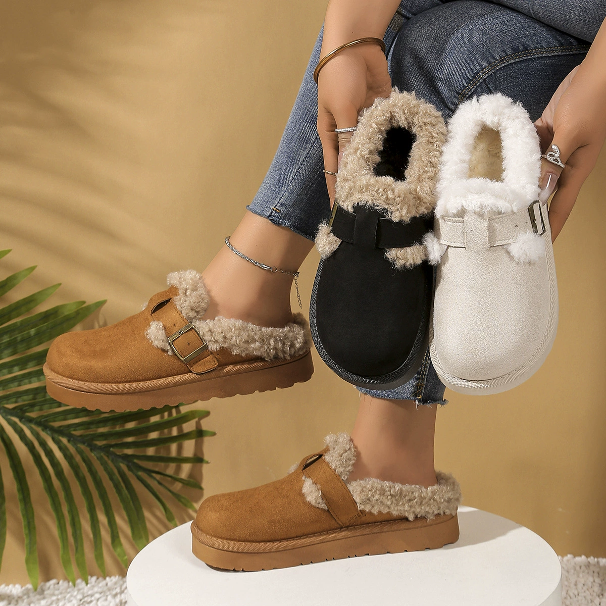 Туфли Birkenstock с набивкой из флиса, хлопковые тапочки, новинка 2025 года, хлопковые тапочки большого размера на плоской подошве и одна нога, чтобы носить ленивые туфли