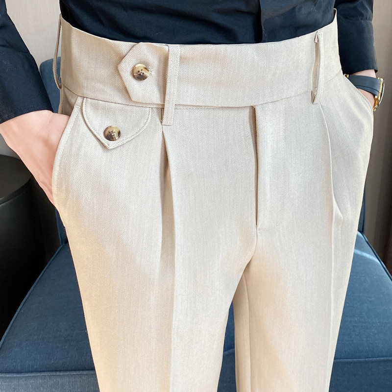 Pantalones de traje de los hombres naples italianos pantalones de cintura alta pantalones de los hombres de otoño e invierno teñido de hilo oscuro a rayas de calidad pantalones casuales
