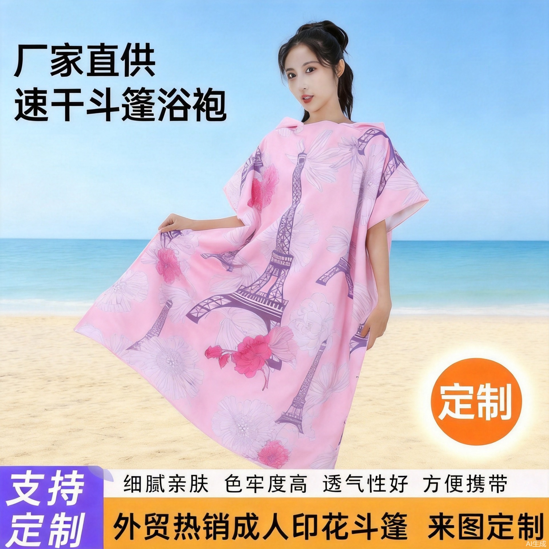 成人连帽斗篷定制印花浴巾沙滩吸水加厚加大速干毛巾旅行批发家用家纺家饰实拍产品高清图