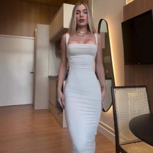 欧美风女装2025夏季新款纯色性感时尚修身吊带无袖露背中腰连衣裙