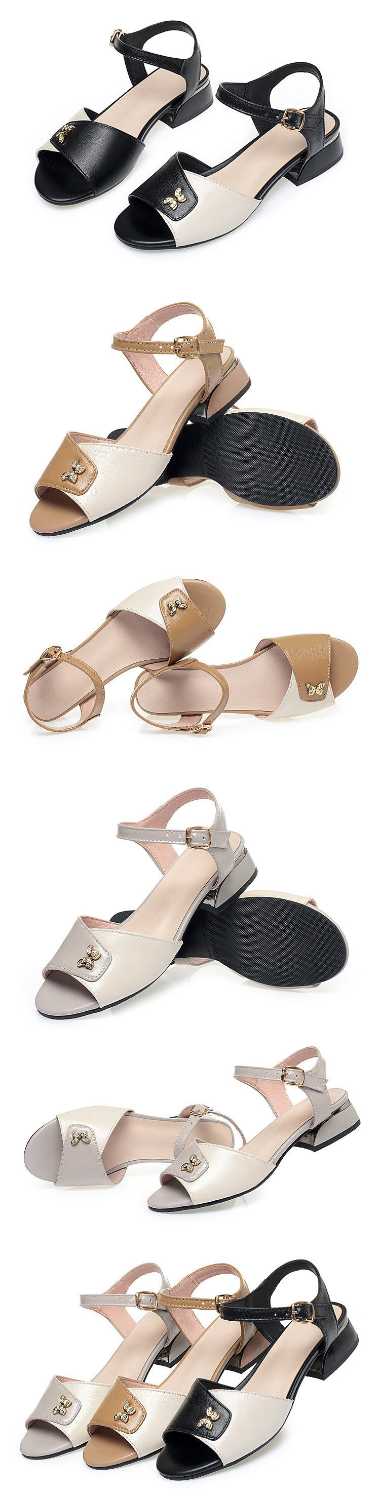 Sandal da thật nữ quai ngang đế mềm gót thô vừa phải — Màu đen chi tiết 7