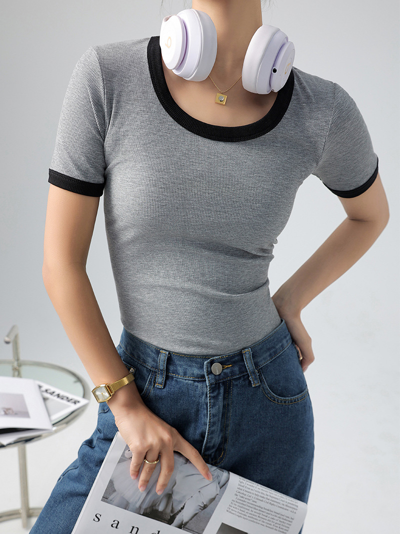 Camiseta de Verano para Mujer, Cuello Redondo, Manga Corta, Bloques de Color, Estilo Moderno, Imitación Algodón, Estilo Francés image 4