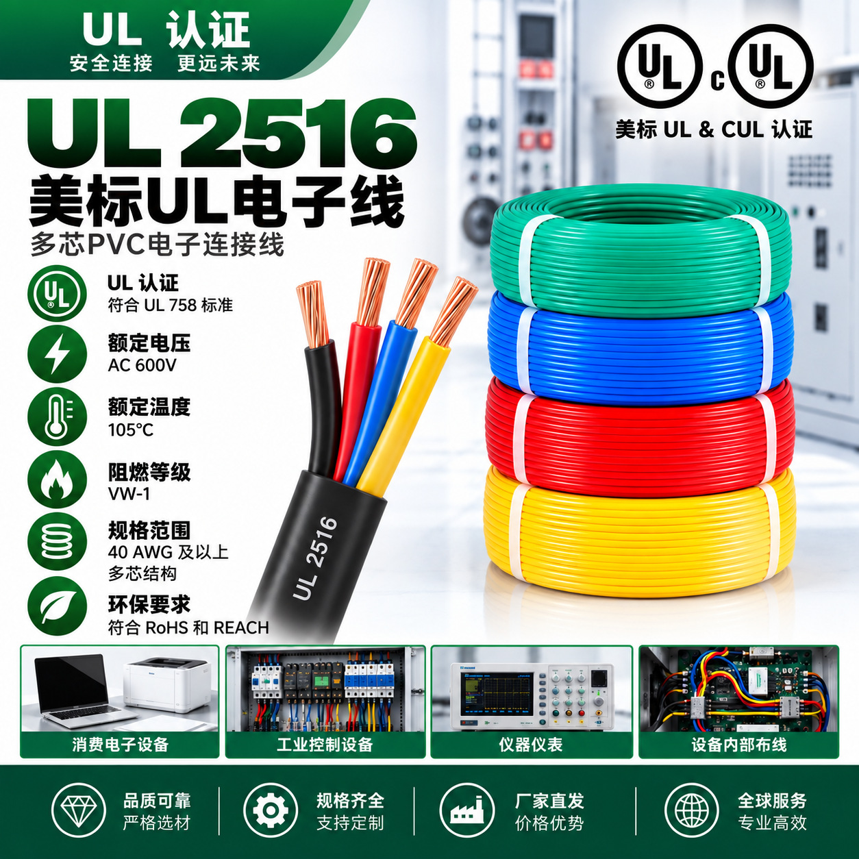 美标UL2516/cUL 600V 105℃ PVC多芯电子连接线 绞合铜芯设备电缆