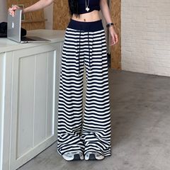 黑白条纹运动裤子女2025秋季新款高腰宽松显瘦休闲阔腿拖地裤ins