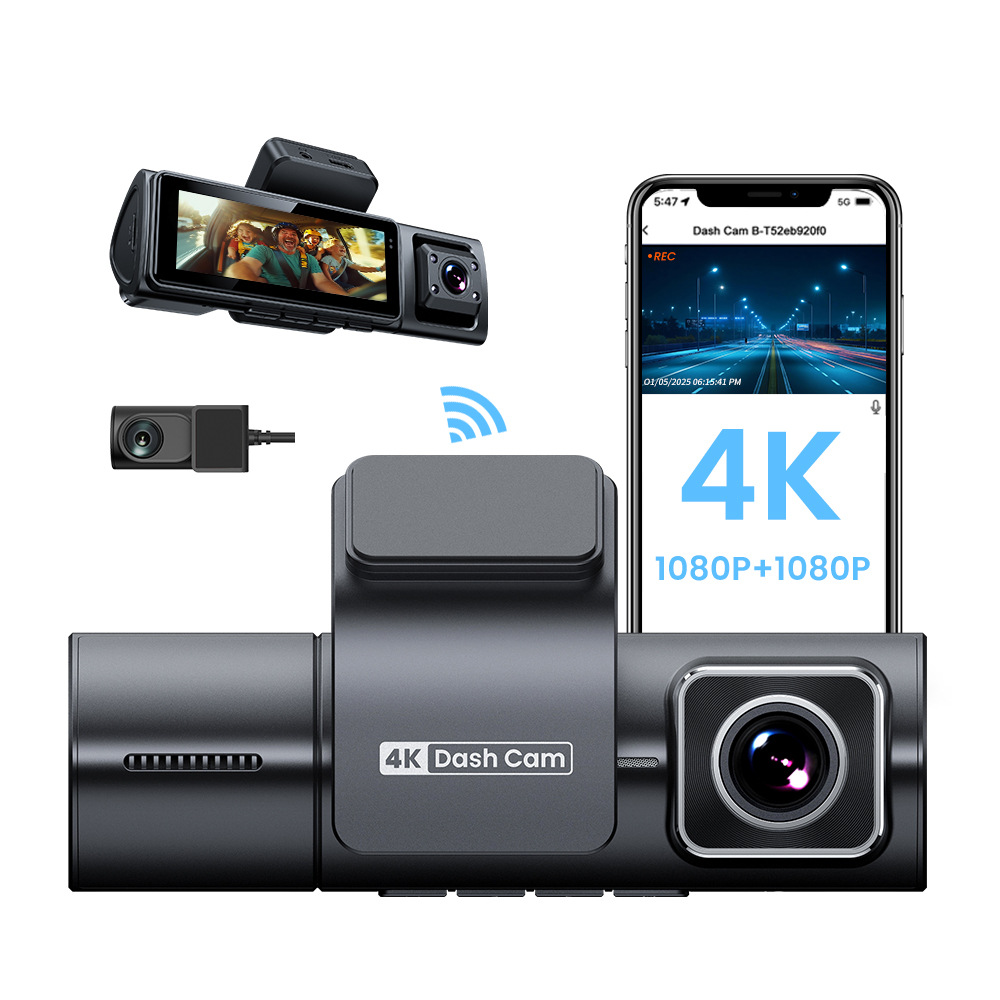 Gravador de condução transfronteiriço 4K com três lentes F9 de alta definição grande angular com visão noturna de luz das estrelas, interconexão com celular e GPS para rastreamento de condução