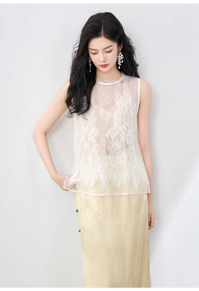 Áo hai dây organza ren cổ tròn phong cách thanh lịch mùa hè — Màu đen chi tiết 17