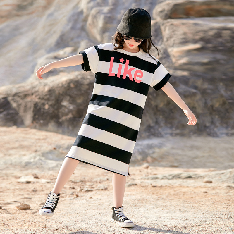 Camiseta de las niñas de manga corta de verano de longitud media estilo occidental a rayas sueltas ropa de verano para niños vestido de moda